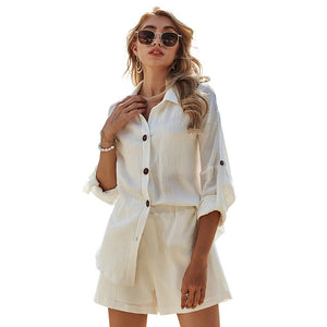 Utcoco Women Long Sleeve Shirt Top Cotton Linen Shorts Casual Suit