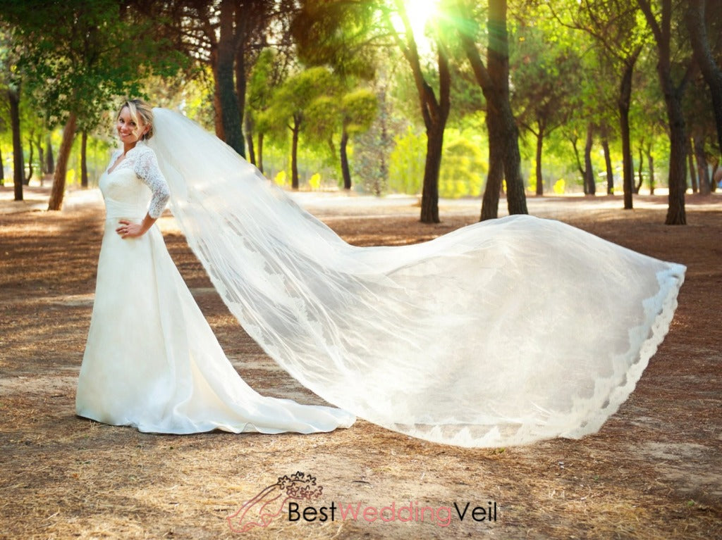 One Layer Tulle With Lace Edge Long Wedding Veils With Comb