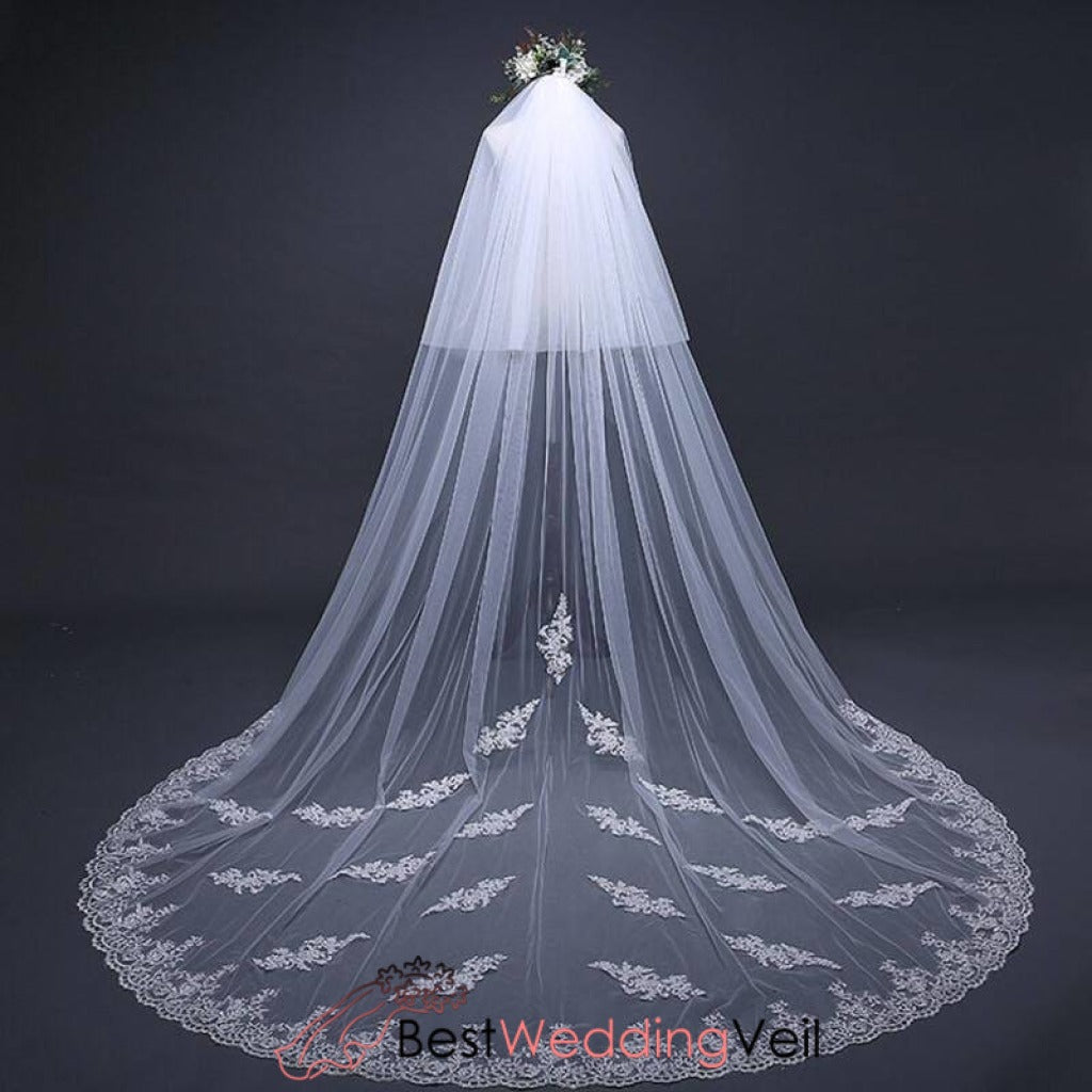 Cheap White Wedding Veils With Blusher Cathedral Length Edged Lace