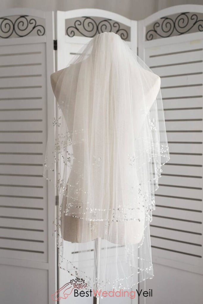 Sequins And Beaded Trim Ivory Wedding Veil With Crystals