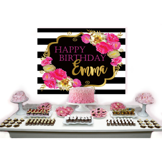 Stripes and Floral Birthday Cake or Buffet Table Backdrop | Sweet Theme  Boutique