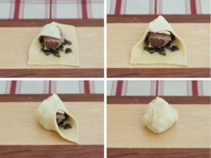 Fold the pasty square over the filet as if wrapping a present. Use egg wash to help seal the seams. 