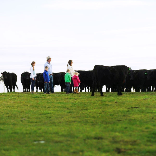 A family on their ranch with cattle
