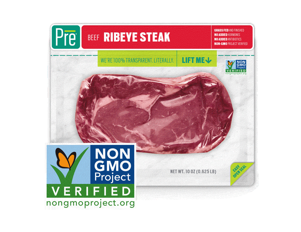 Pre packaging beef rotating through different grocery packaging with the Non-GMO Project Verified logo