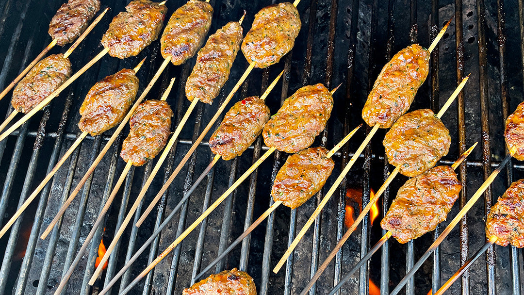 Beef Kofta Skewers With Thai Noodle Salad and Peanut Dipping Sauce