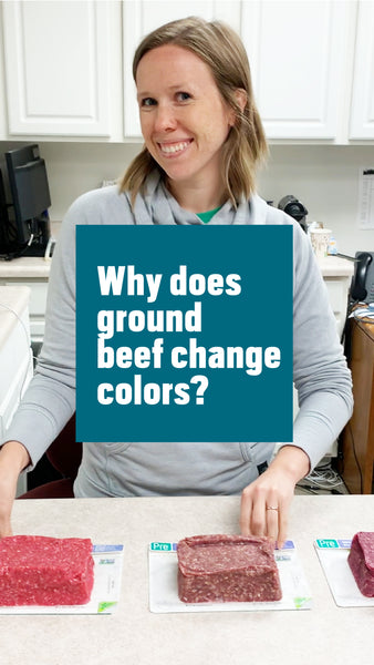 A picture of a woman with different colored beef in packaging with a title that says "Why does beef change colors?"