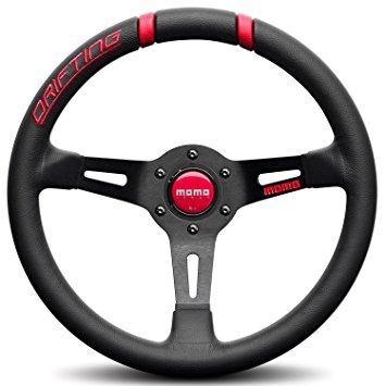 MOMO DRIFTING 330MM STEERING WHEEL BLACK LEATHER WITH RED INSERTS