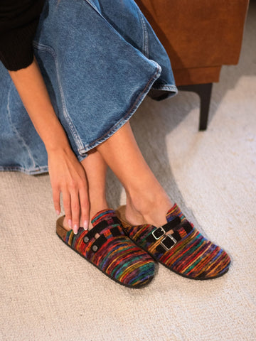 Model wearing Abel Tiffin Stripe Clogs