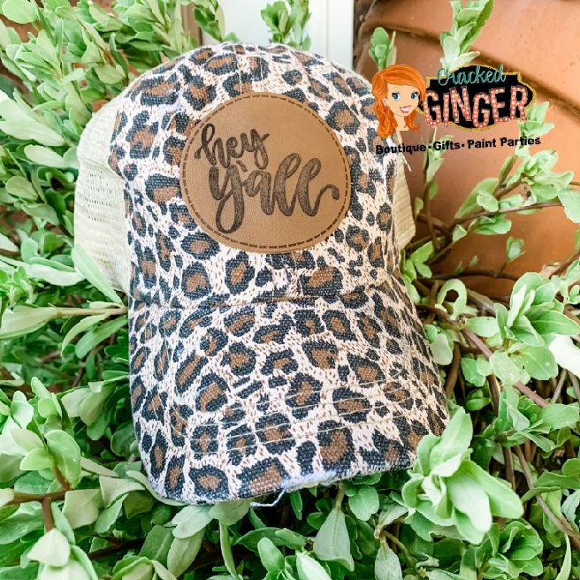 Hey Y鈥檃ll Leopard Print Leather Patch High Pony Baseball Hat