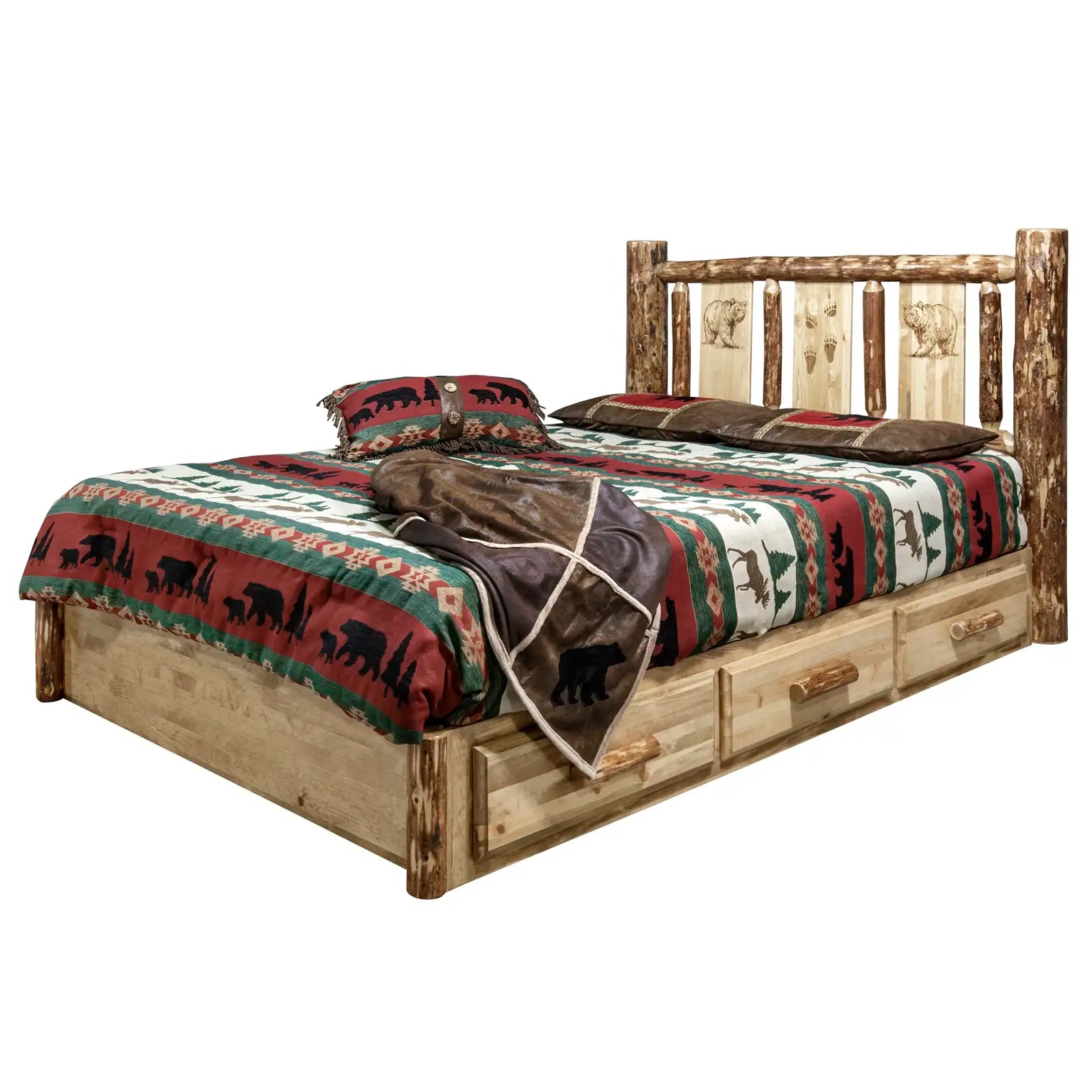 Glacier Country Collection Platform Bed w/ Storage, Laser Engraved Bear Design