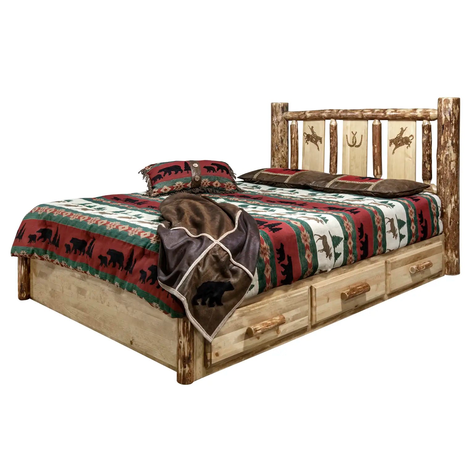 Glacier Country Collection Platform Bed w/ Storage, Laser Engraved Bronco Design