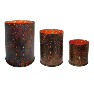 CROSS DISTRESSED METAL CYLINDER PILLAR CANDLE HOLDER (SET OF 3) - Rustics for Less - Cylinder Candle Holder
