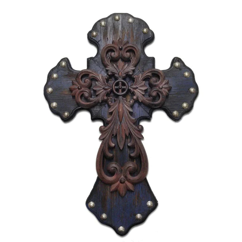 Wall Art with Metal Overlay: Deep Blue Studded Cross Design