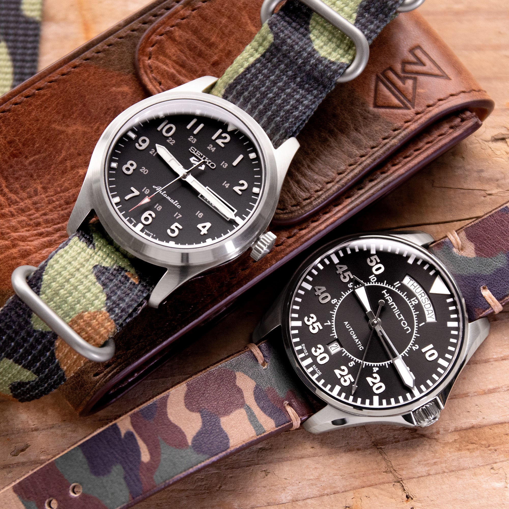Seiko精工 5 Sports 野外手錶 和 Hamilton漢密爾頓 卡其野戰系列腕錶 搭配 太空人腕時計TW的迷彩錶帶