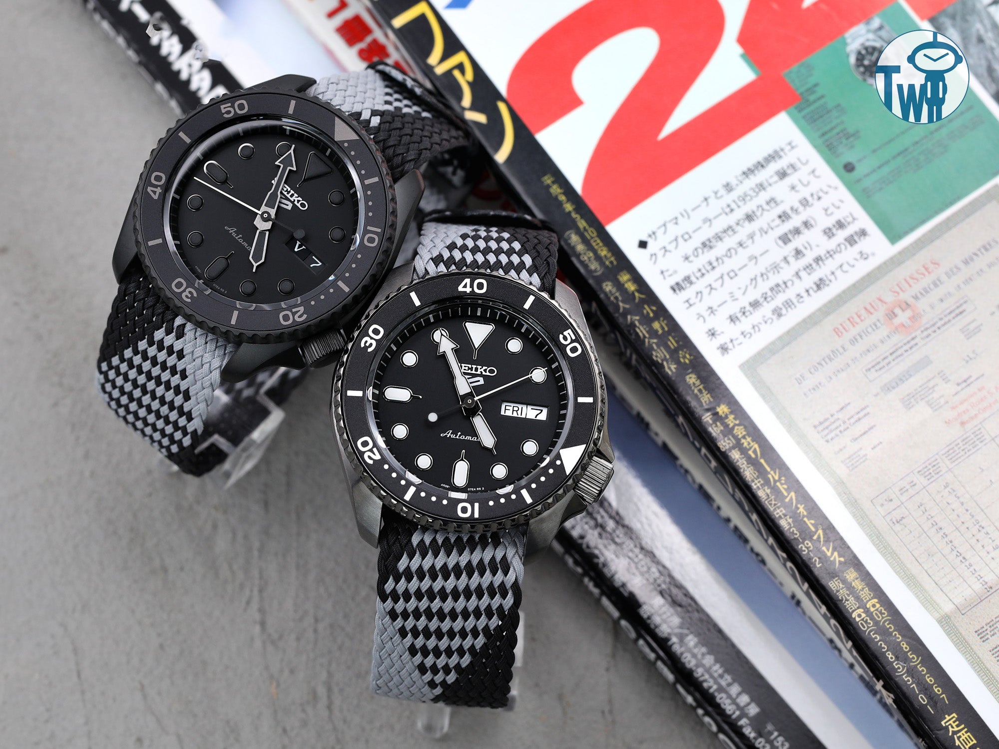 黑色和淺灰色的22mm MiLTAT Perlon貝綸纖維錶帶，配有噴砂飾面的梯子目字扣，與黑色調的Seiko精工 5 Sports腕錶完美搭配。｜太空人腕時計TW