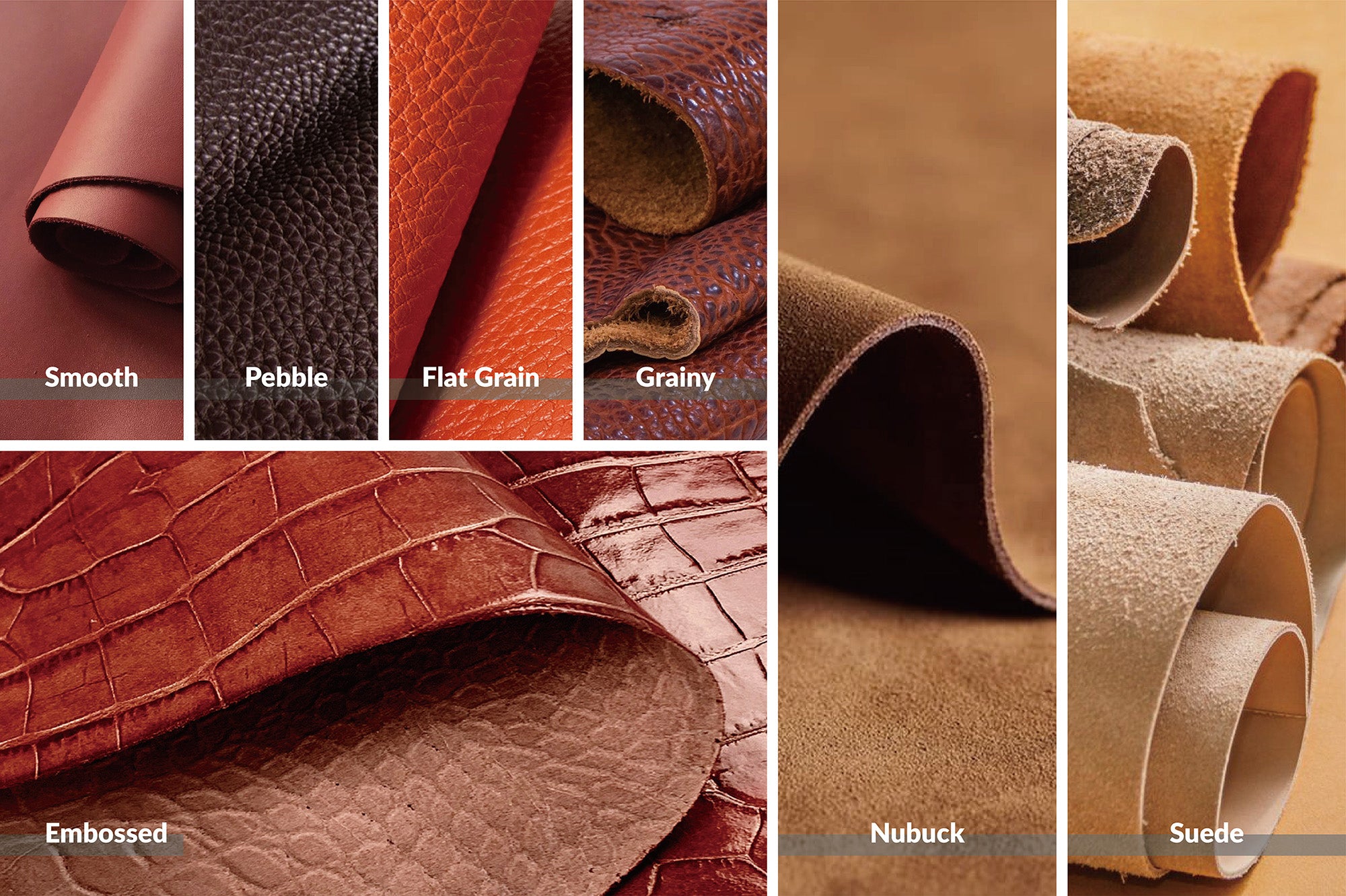 常見的皮革紋理和質感-平滑皮革、粒面皮革、平面皮革、鵝卵石紋皮革、壓花皮革、粗糙絨面皮革