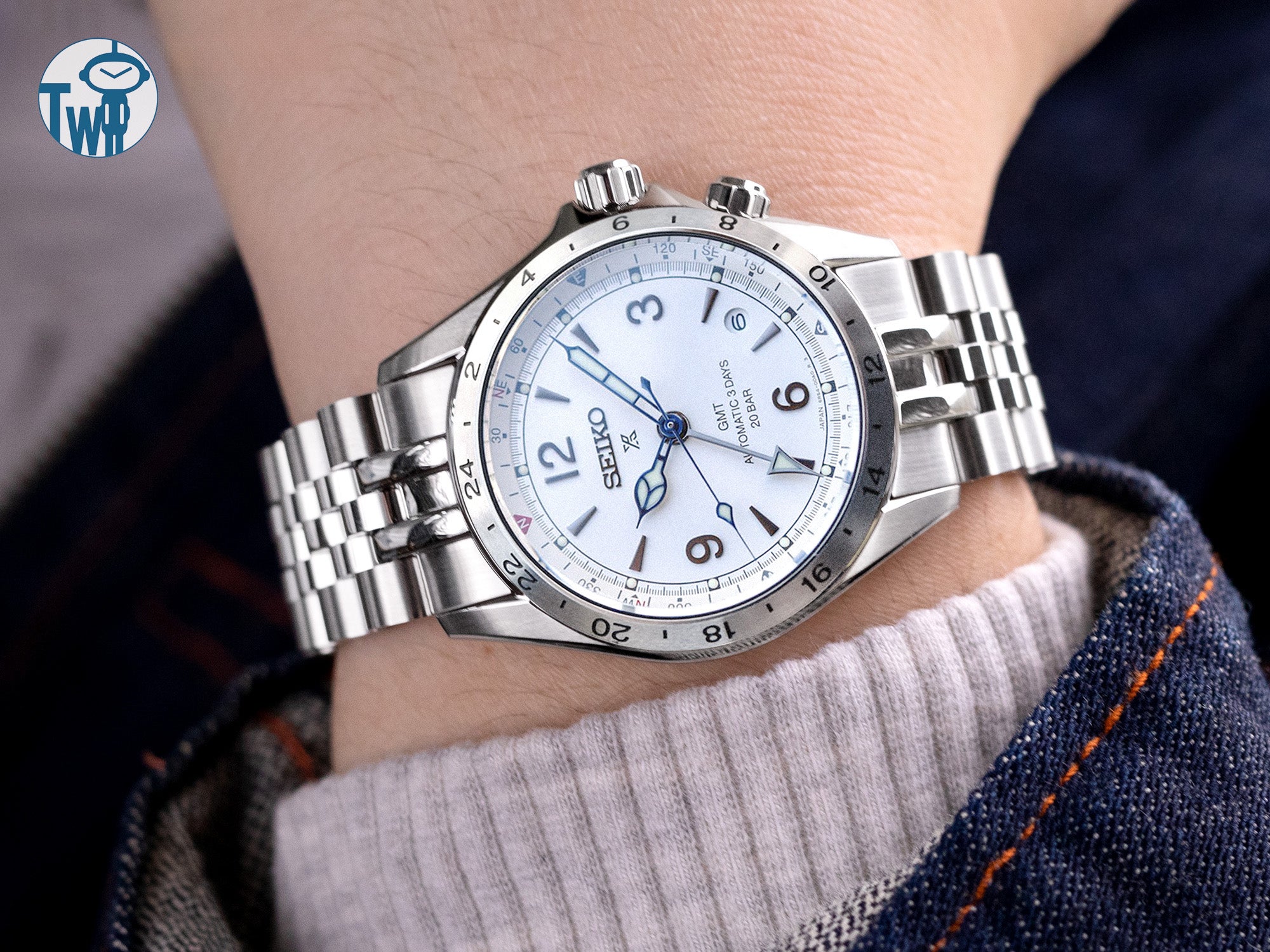 Seiko精工 Alpinist登山者 GMT SPB409 白色 搭配 太空人腕時計TW 特製不鏽鋼錶帶