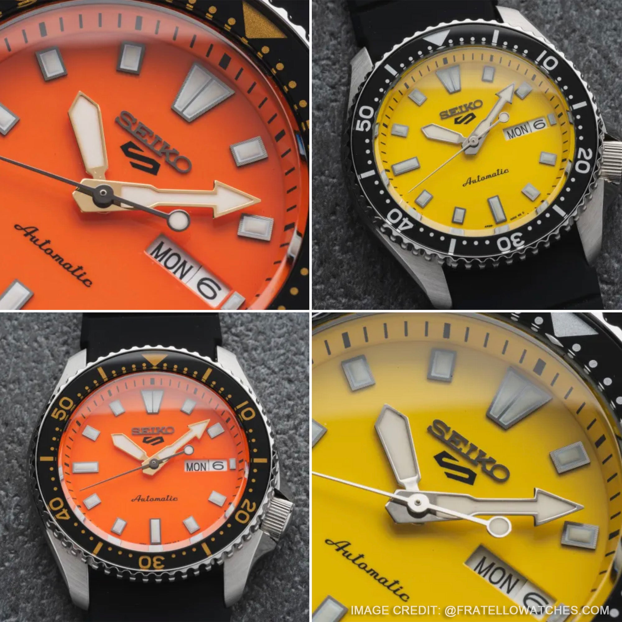 SRPL87 showcases a yellow dial with black bezel, while SRPL89 pairs an orange dial with a black bezel and gold numerals, both vibrant and bold.