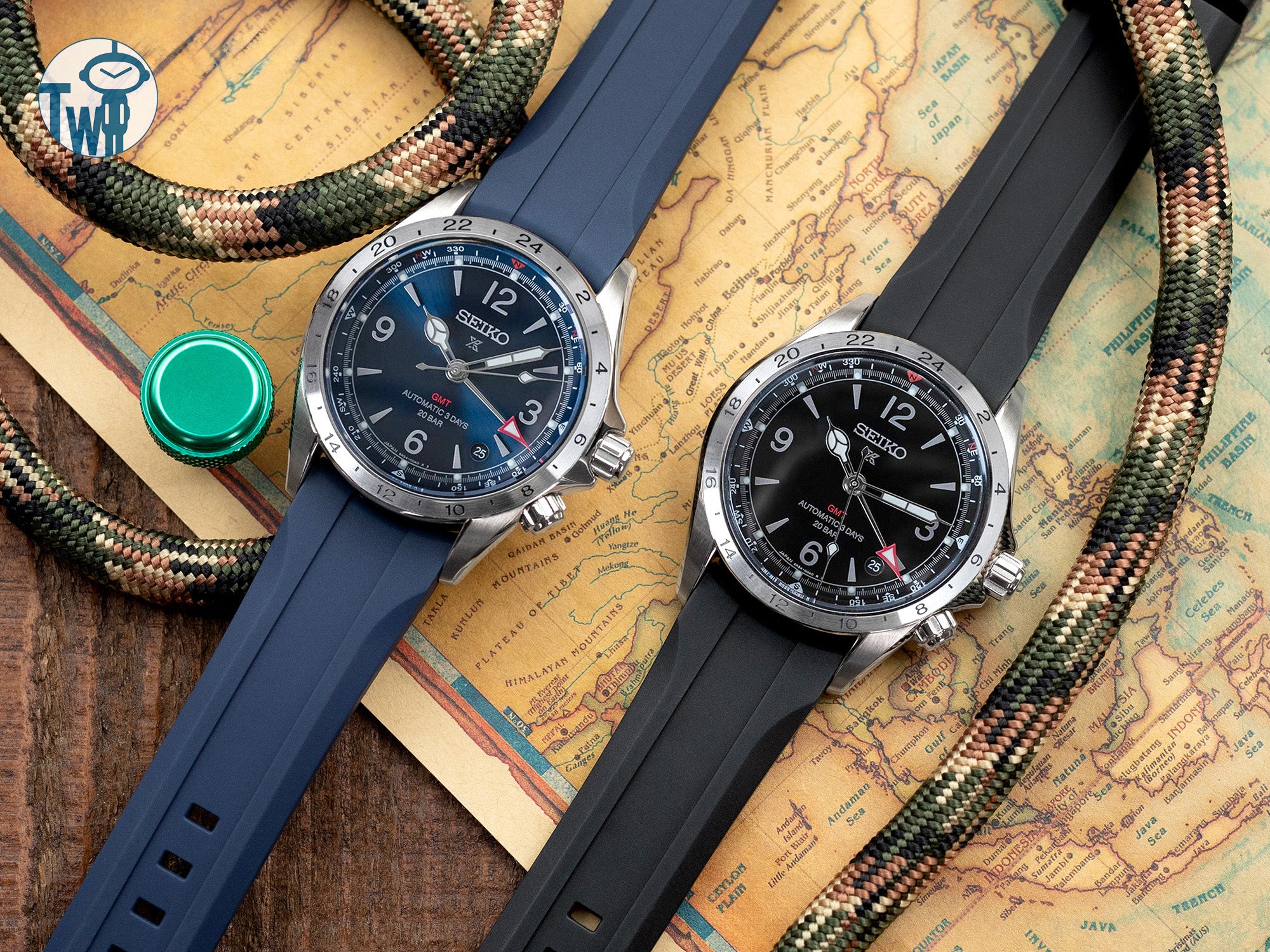 Seiko精工 Alpinist登山者 GMT SPB379 和 SPB377 搭配 太空人腕時計TW 半彎曲頭耳 FKM 橡膠錶帶