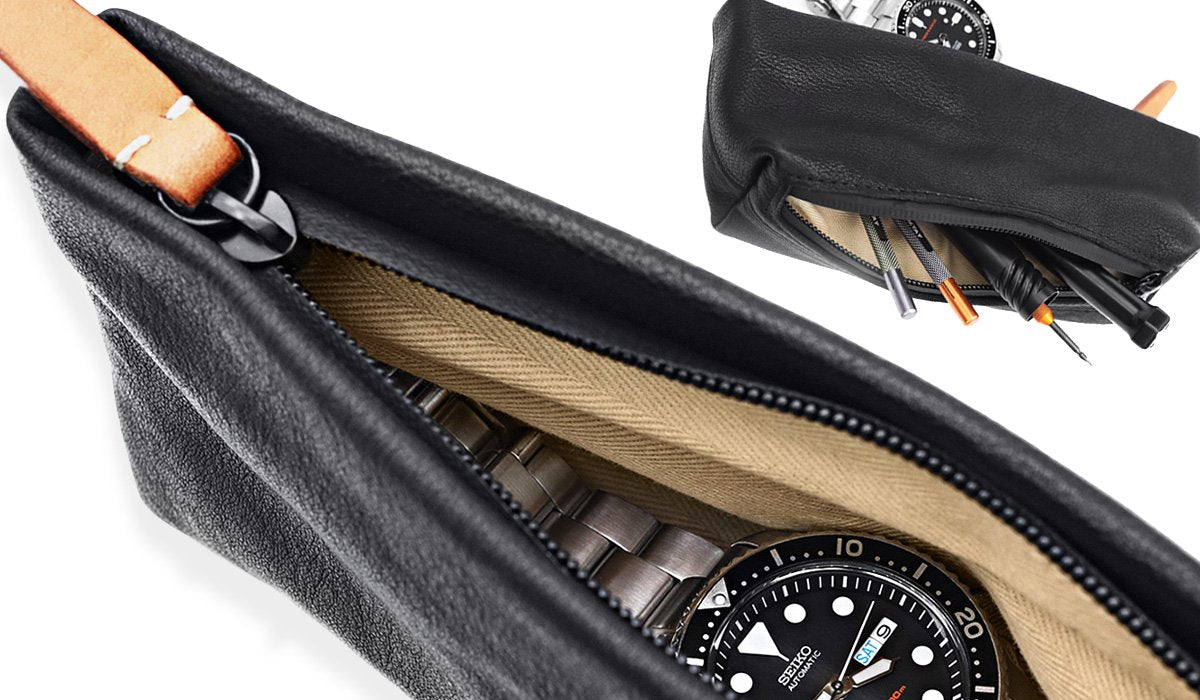 意大利真皮革拉鍊旅行手錶袋，兩個口袋可存放錶帶和工具