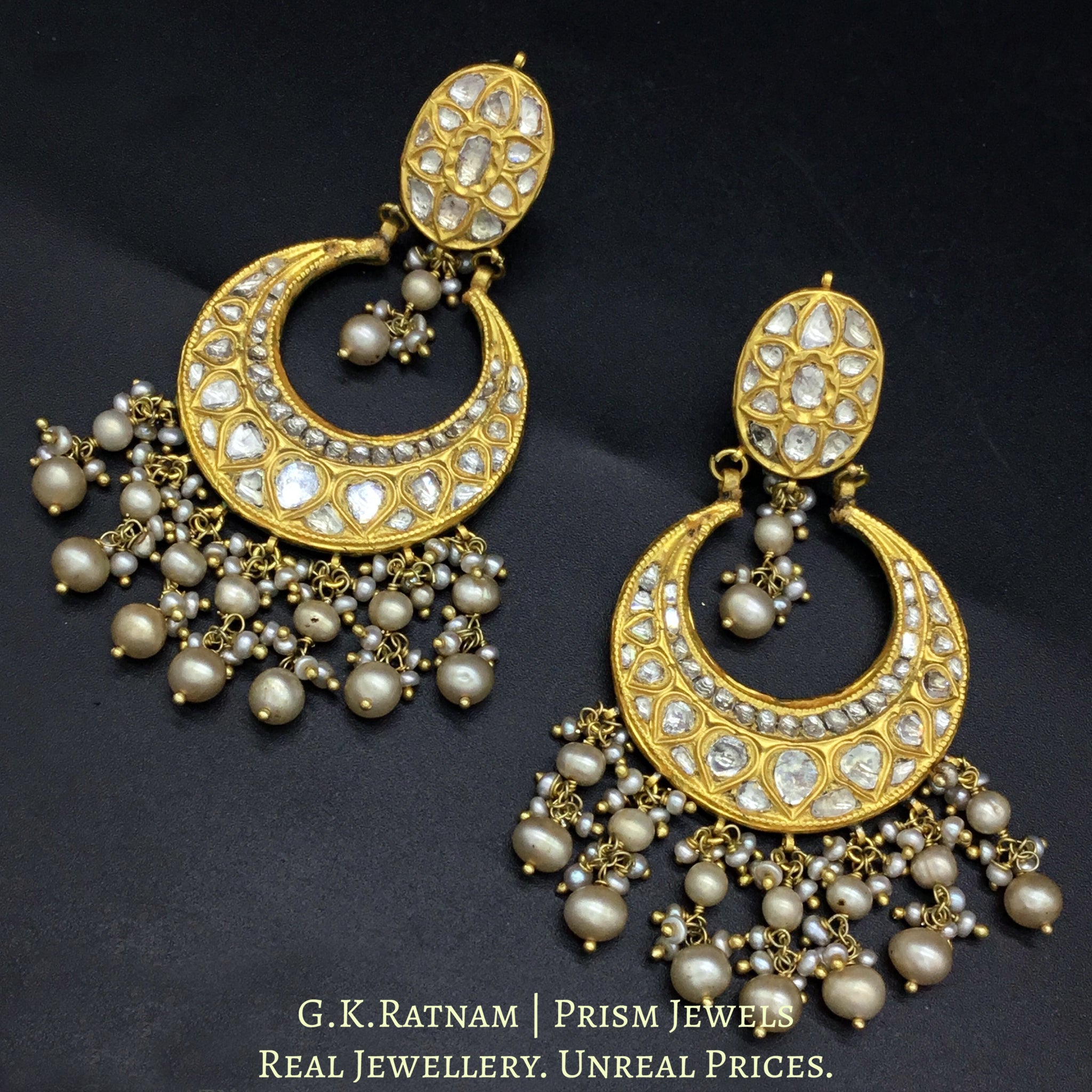 23k Gold and Diamond Polki Chand Bali Earring Pair with basra-grade na ...