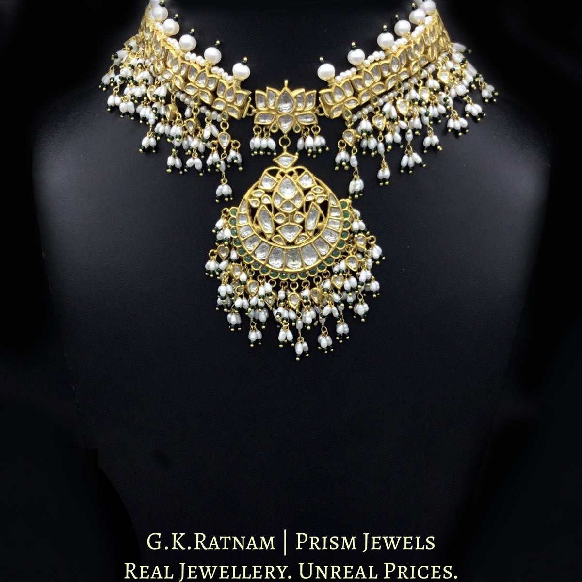 18k Gold and Diamond Polki Choker Necklace Set with Lotus Motifs enhan ...