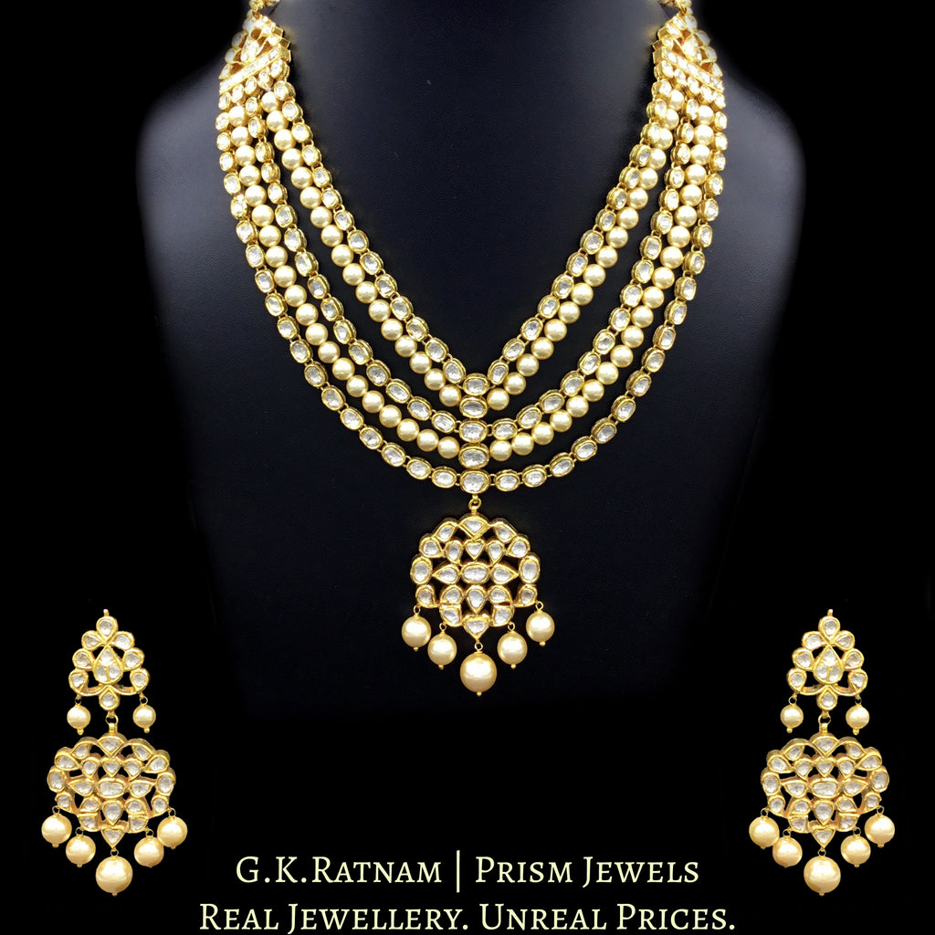 Traditional Gold and DIamond Polki Necklace Set with two lines of pear ...