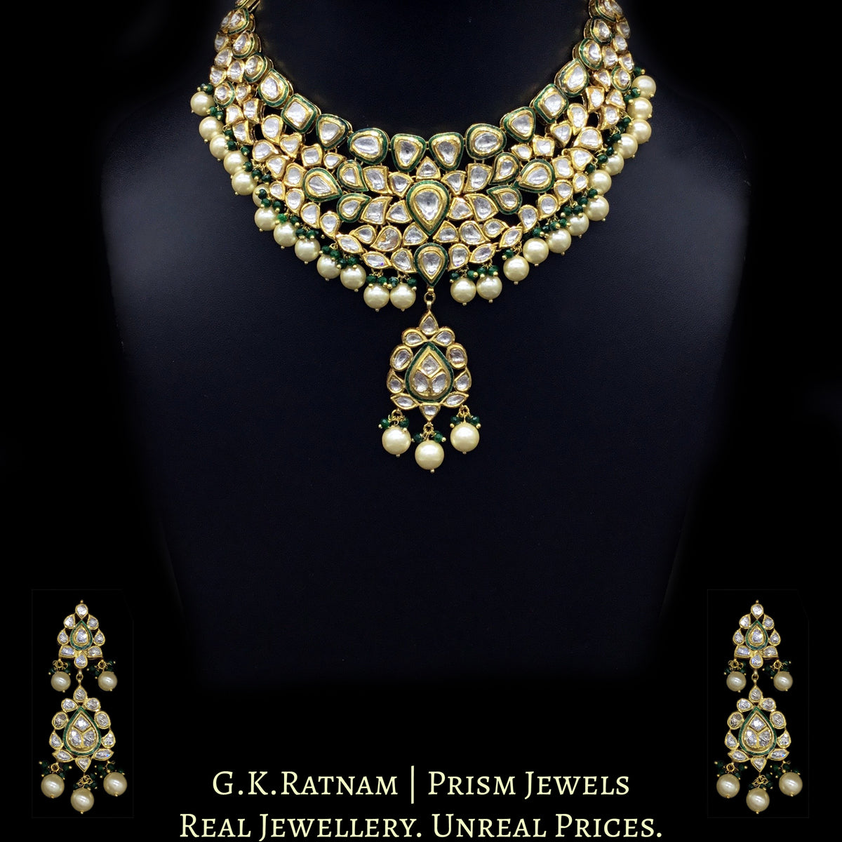 Traditional Gold and Diamond Polki green enamel Necklace Set with lust ...