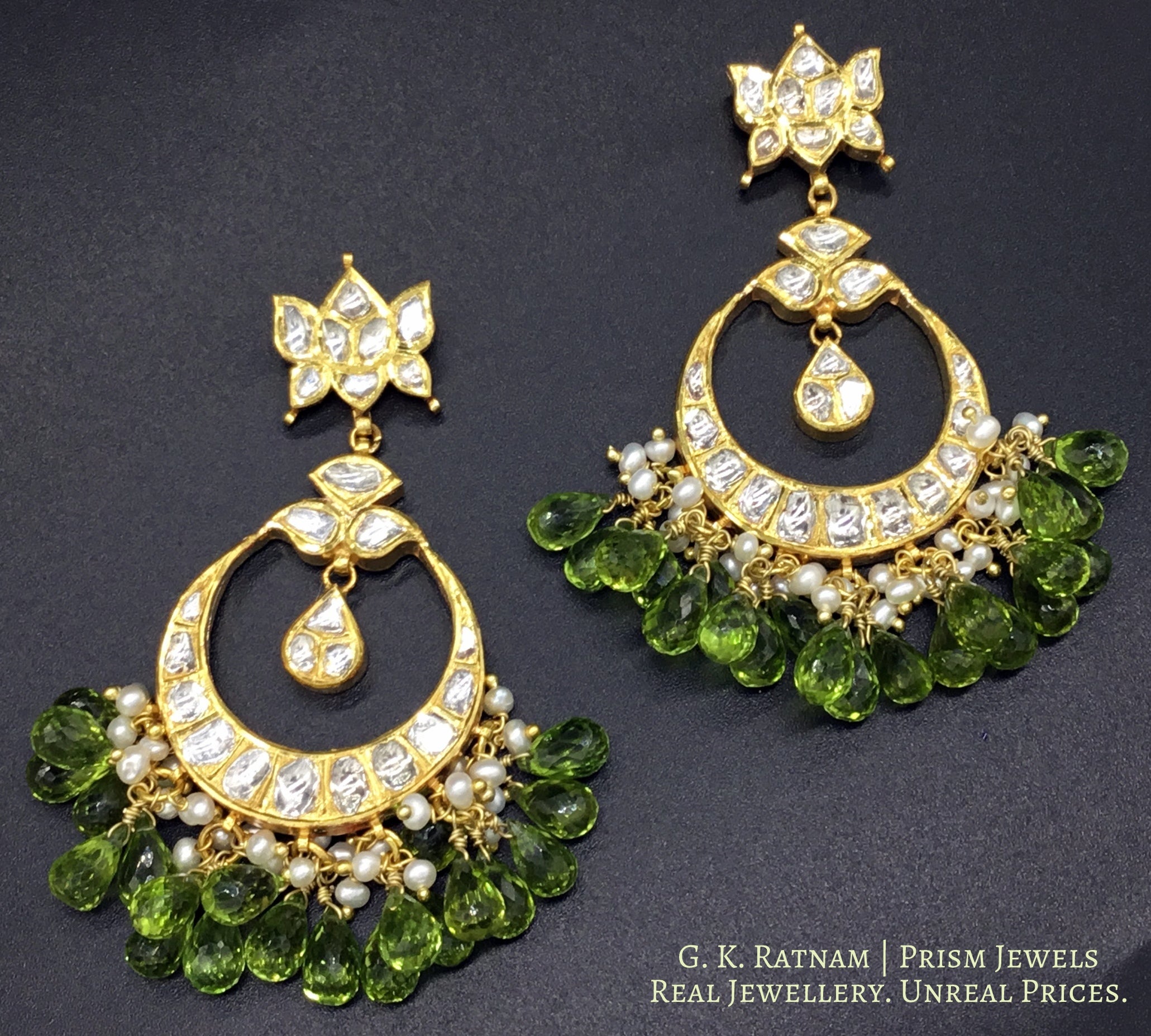 18k Gold and Diamond Polki Chand Bali Earring Pair with Peridot drops ...