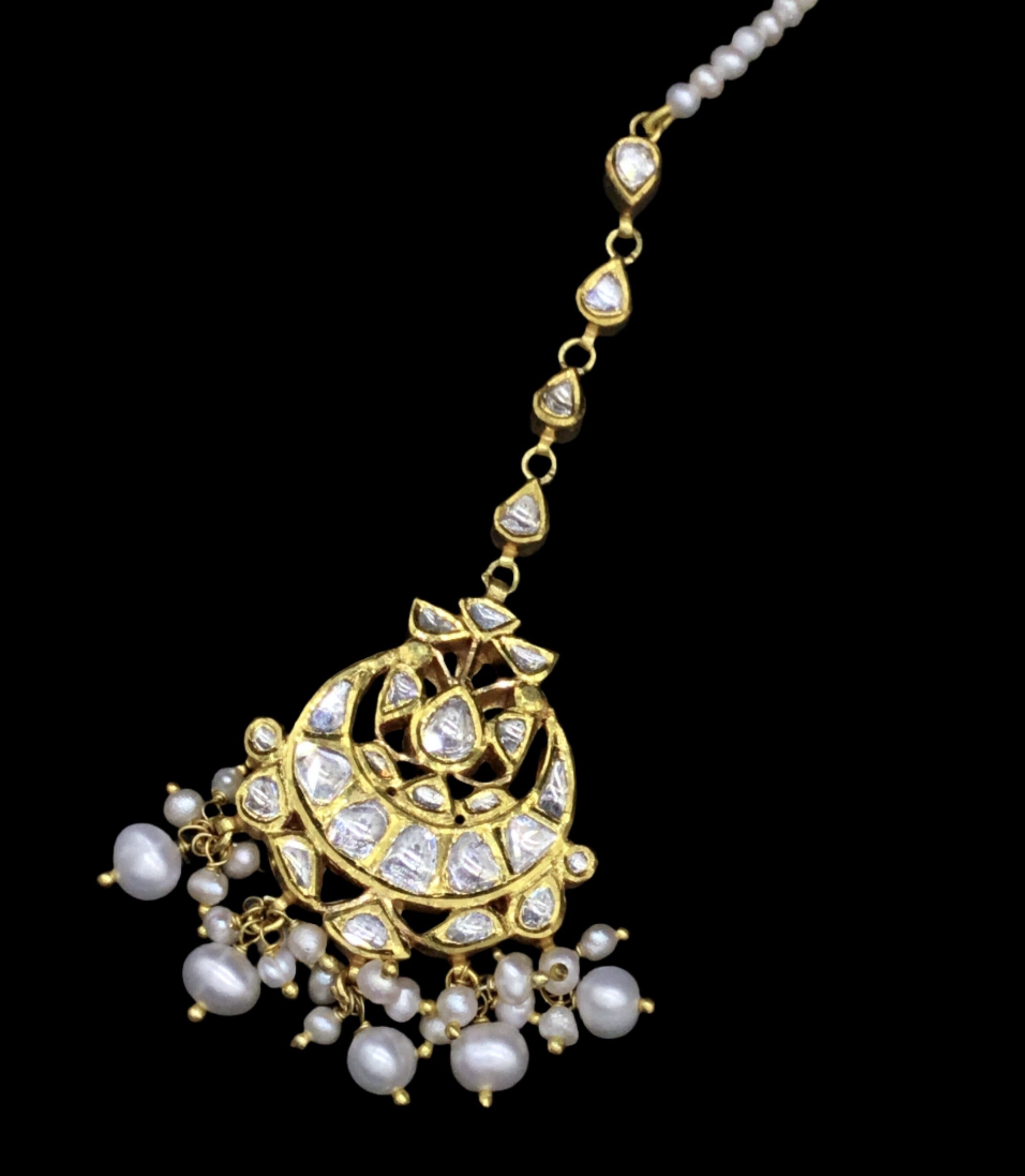 18k Gold and Diamond Polki Maang Tika with Natural Freshwater Pearls ...