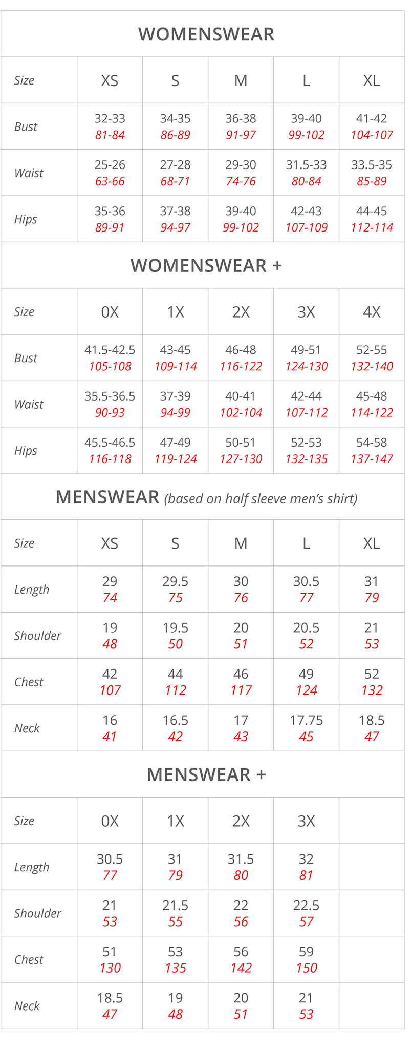 Vince Clothing Size Chart