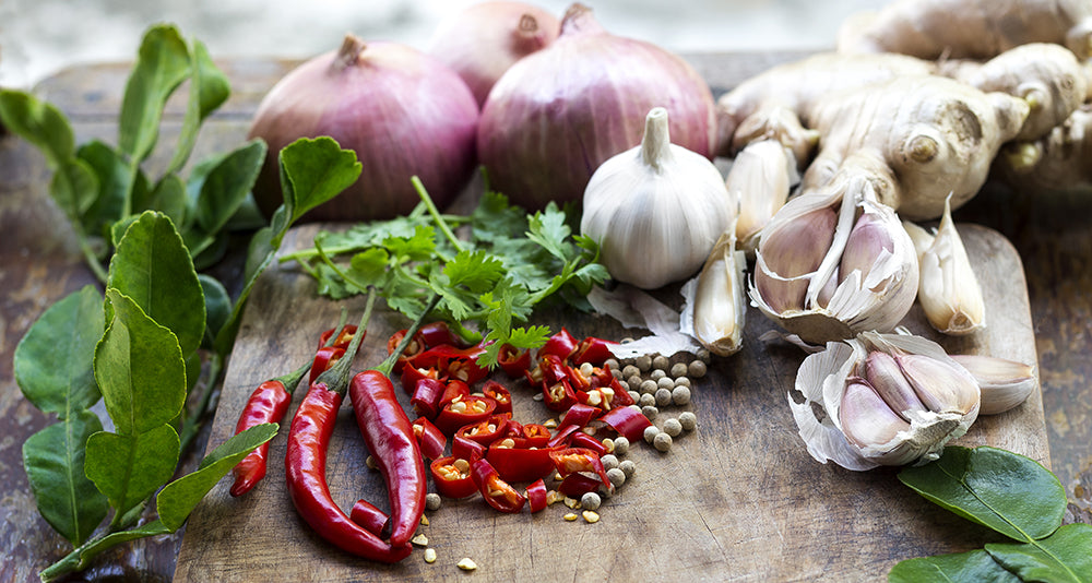 Garlic, onions, red peppers--the pungent flavor
