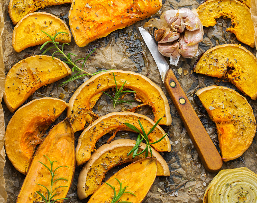 Roasted squash on a tray ready to serve: the sweet flavor