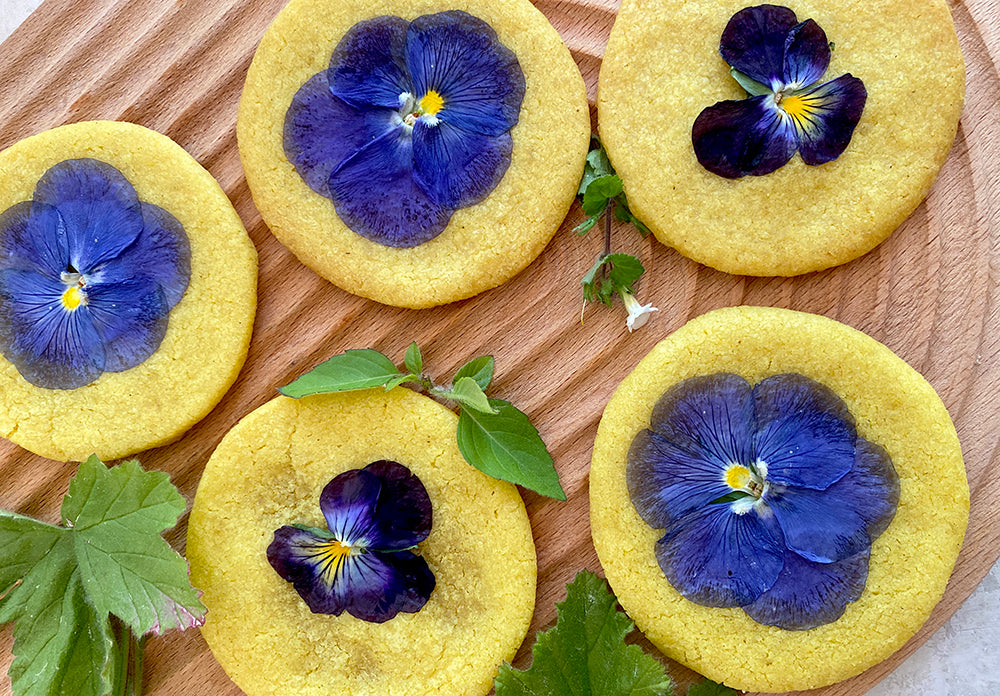 Lemon Turmeric Shortbread Cookies with Edible flowers