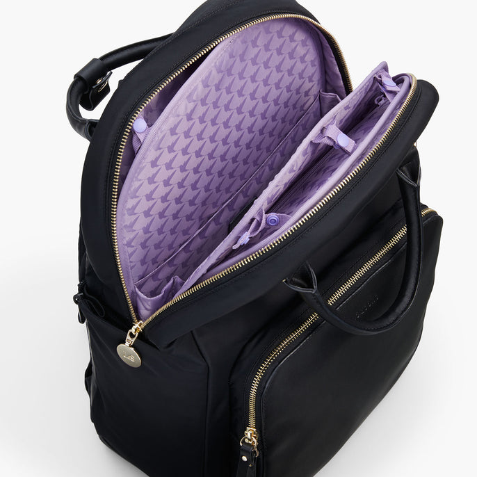 purple and gold backpack