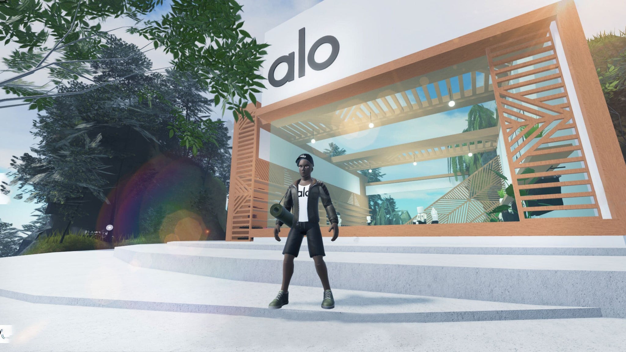 A male avatar within the Alo Sanctuary experience on Roblox standing in front of the Alo Store segment of the platform wearing an Alo Ambient Tank and a Warrior Mat carried with an Alo Yoga Strap. 