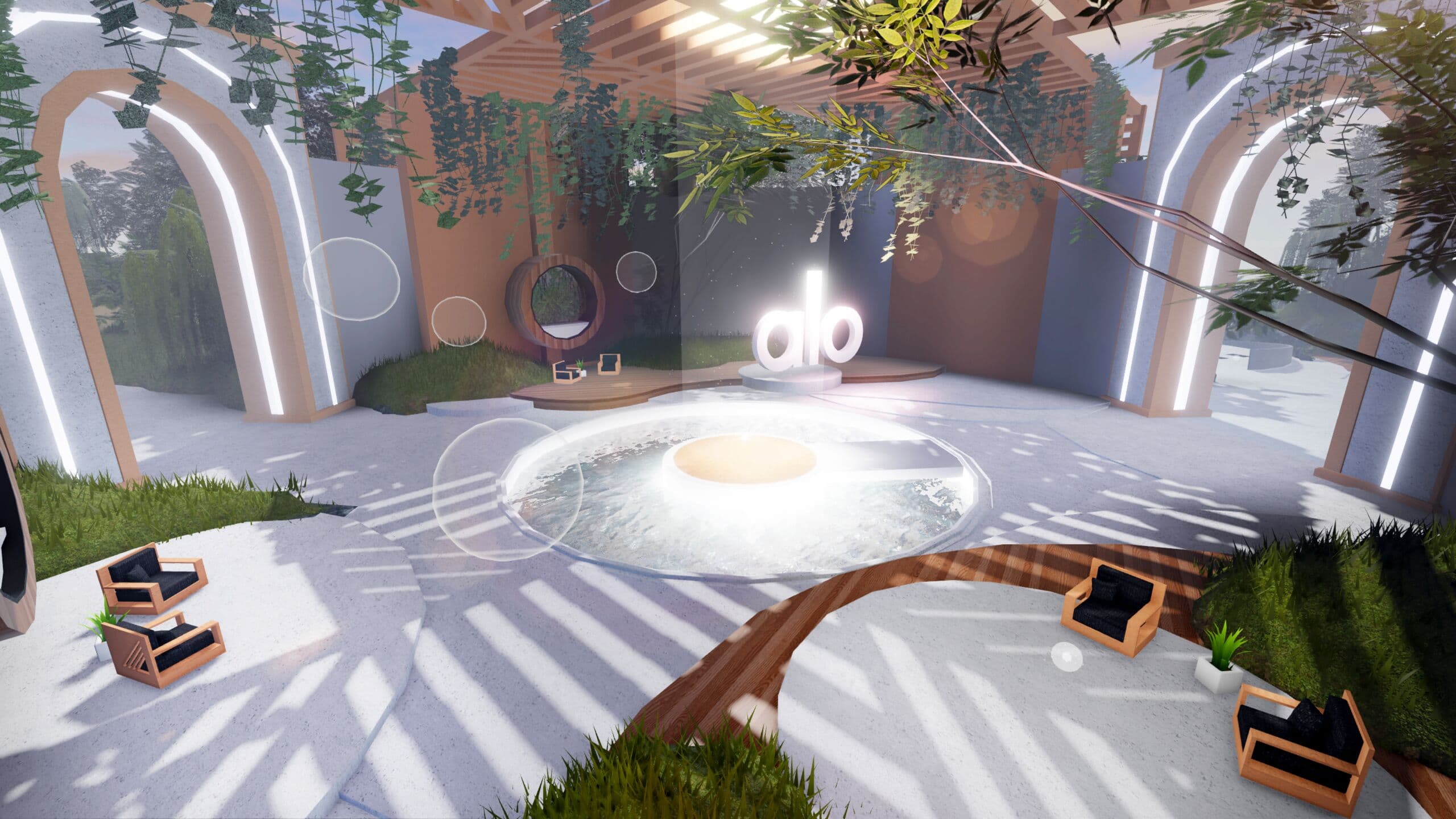 An aerial view of the meditation space in the Alo Sanctuary experience on Roblox featuring natural light, lots of greenery, and a center meditation area.  