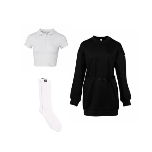 An image of product flatlays including a black long sleeve sweatshirt dress with a cropped white polo and a pair of white scrunch socks. 