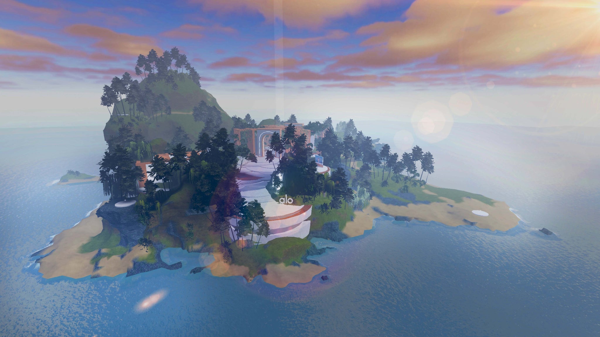An aerial view of the Alo Sanctuary experience on Roblox showcasing the island, the surrounding beach, the open-air spaces, and the tree-filled landscape.  