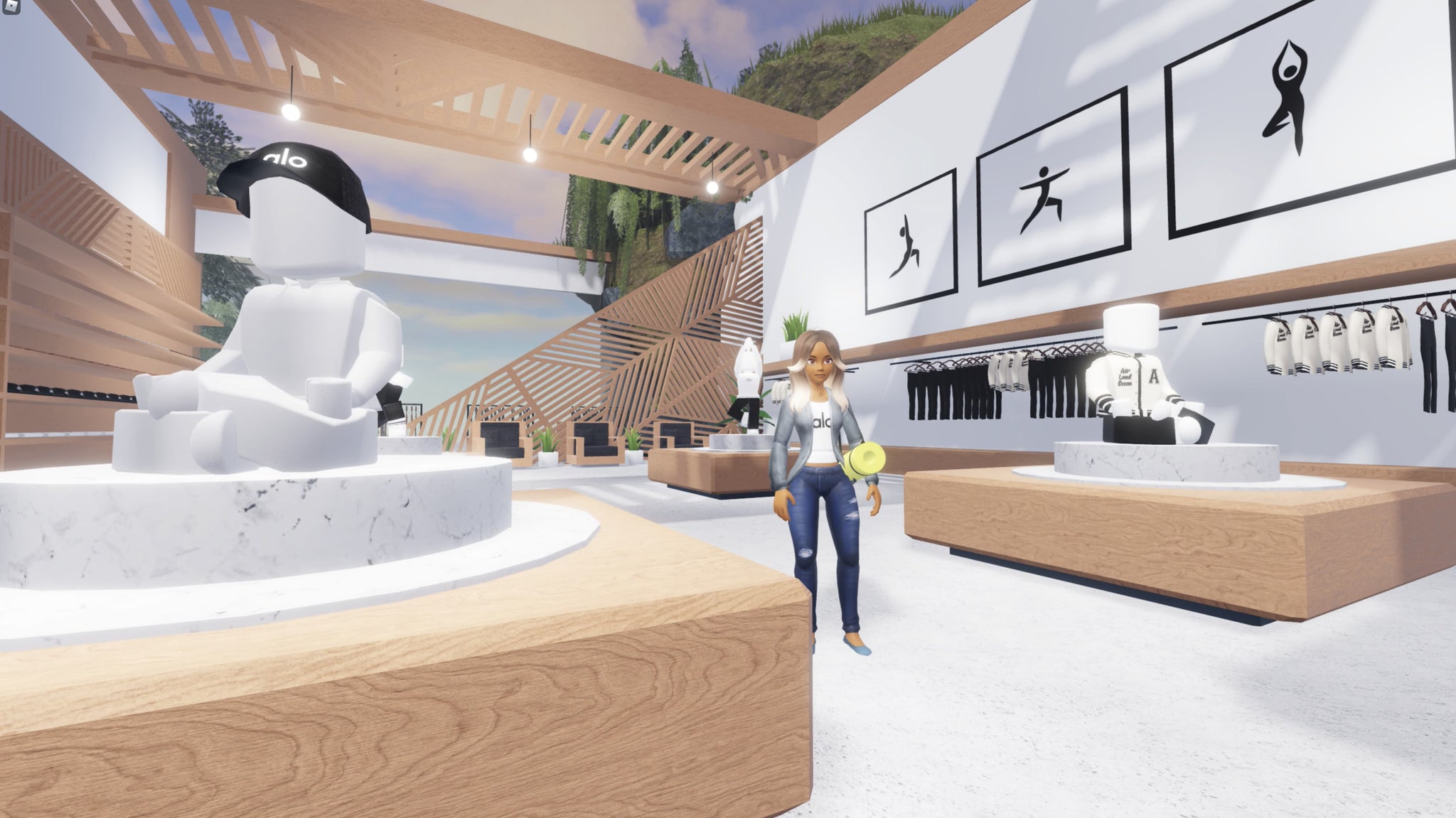A female avatar standing within the Alo store in the Alo Sanctuary experience on Roblox. 