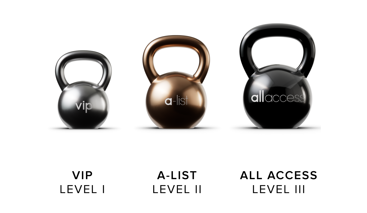 Three kettle bells in ascending sizes, representing each tier of membership