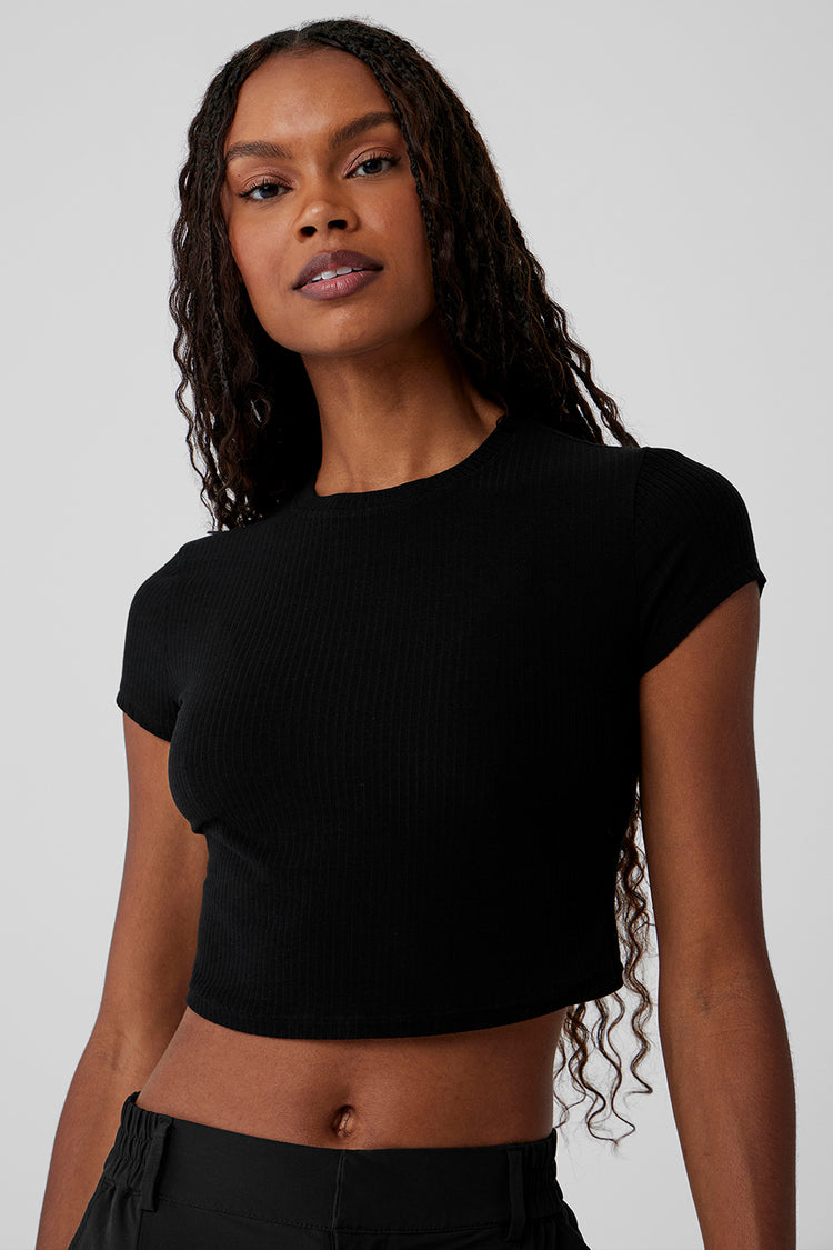 Ribbed Sea Coast Cropped Short Sleeve Tee - Black