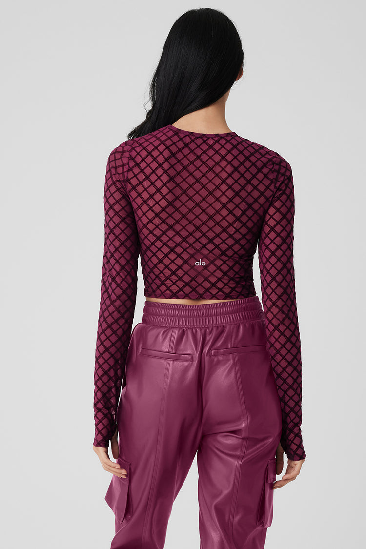 Mesh Plaid Cropped Long Sleeve Top - Wild Berry