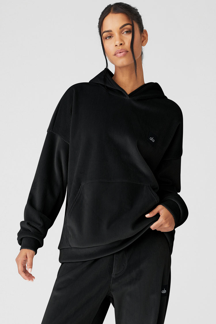 Velour Baller Hoodie in Black by Alo Yoga