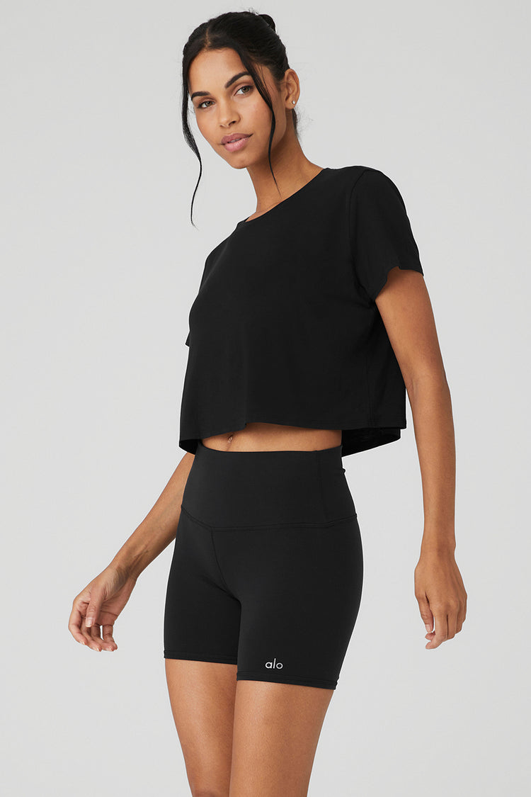 ALO YOGA Black Ribbed Knotty Short Sleeve Crop Top L BRAND NEW 