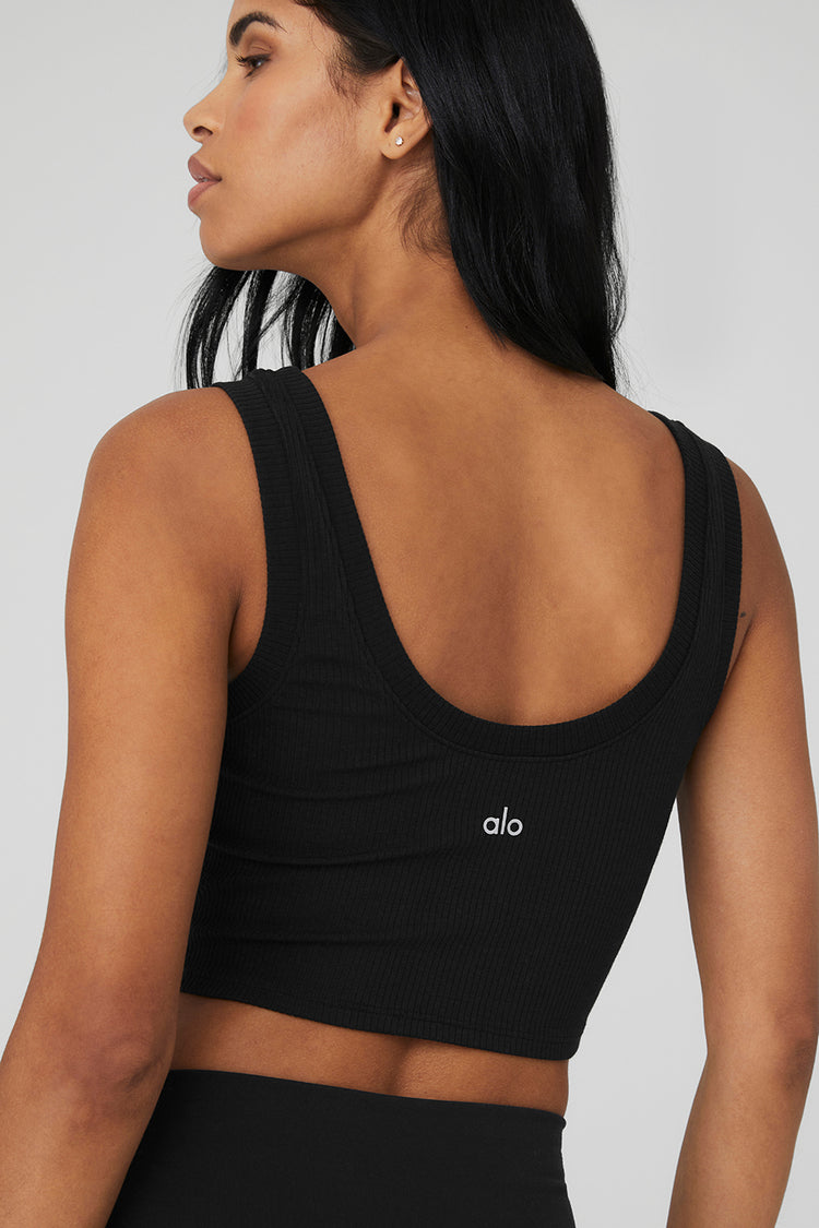 Alosoft Ribbed Crop Calm Tank Top in Black by Alo Yoga