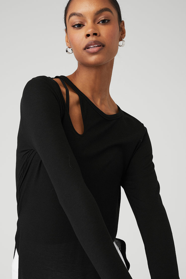 Alo Yoga Wanderer Top Womens medium Black Long Sleeve Geo Cut Out Stretch  Shirt