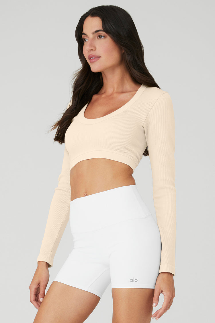 Beige Ribbed Long Sleeve Crop Top & Cycling Shorts Co Ord Set