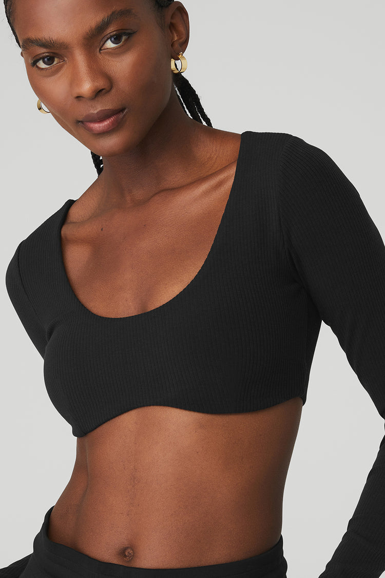 Ribbed Defined Long Sleeve Bra Black Alo Yoga