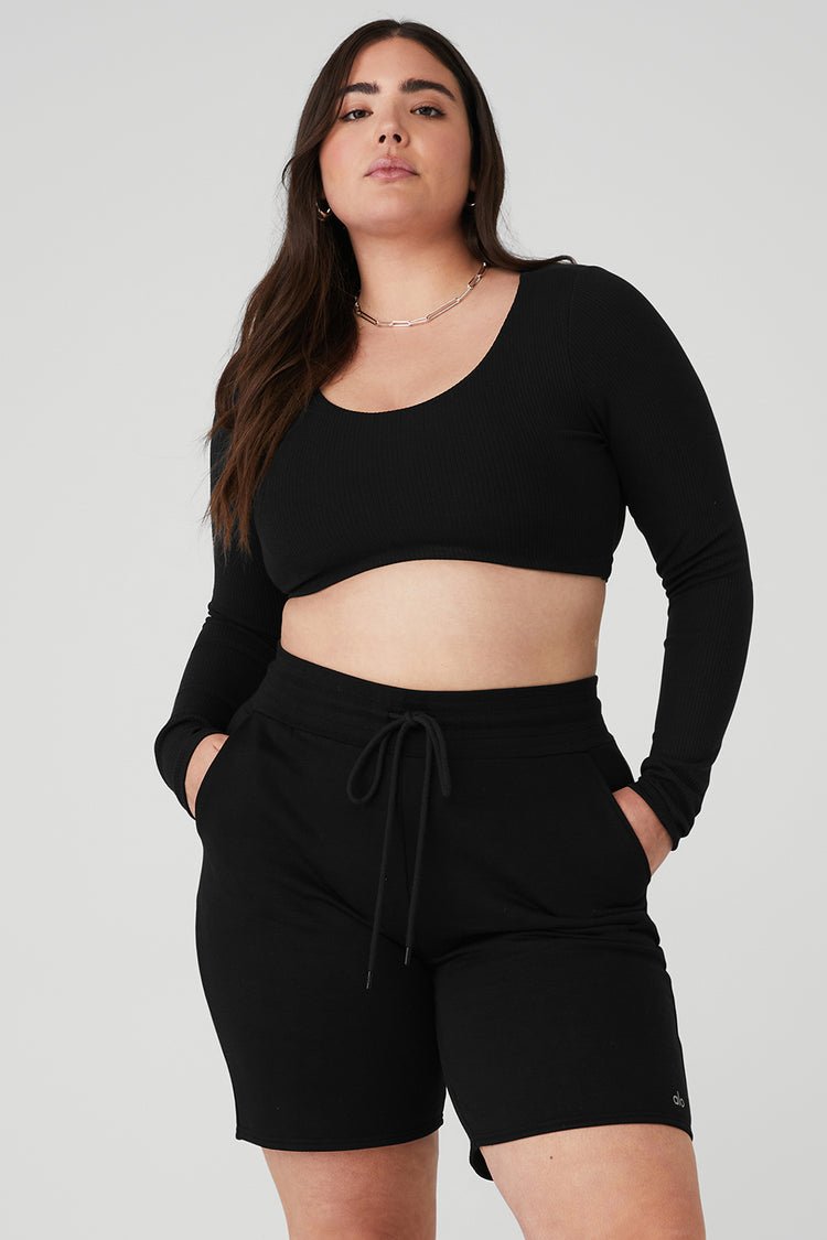 Plus Black Rib Knit Bralette & Long Sleeve Top